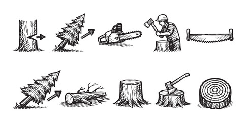 Obraz premium Black and white vector illustration of the woodcutting process from tree to stump, woodpile and log. Ideal for forestry, environment, or woodworking content.