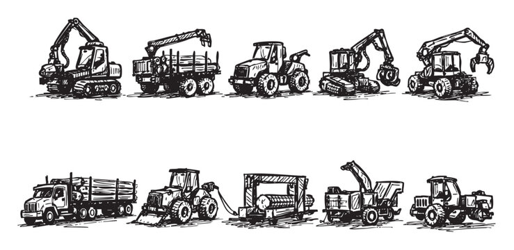 Black and white sketch illustration of forestry and logging equipment, including log loaders, tractors, trucks, and wood chippers. Use for forestry, wood, lumber industries.