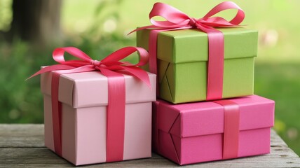 Obraz premium Beautiful gift boxes with ribbons on wooden surface outdoors