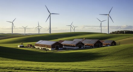 Obraz premium Sustainable Farm and Renewable Energy Landscape with Wind Turbines, Solar-Paneled Barns, and Rolling Green Hills