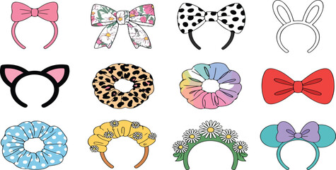 Fun and Colorful Hair Accessories Vector Set – Clips, Bows, Scrunchies, and Headbands © MDABU