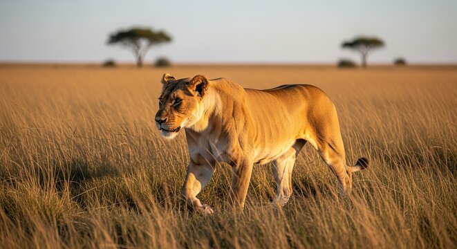 Lion standing proudly in the savanna, showing a powerful body and majestic mane. Known as the king of the jungle, this apex predator symbolizes strength and leadership.