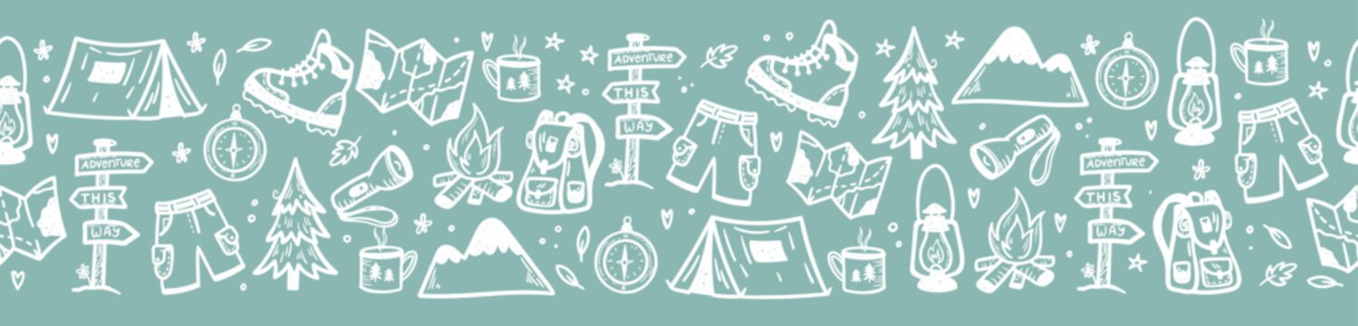 Cute hand drawn vector seamless pattern with camping doodles, tents, hiking boots, campfire great for textiles, banners, wallpapers