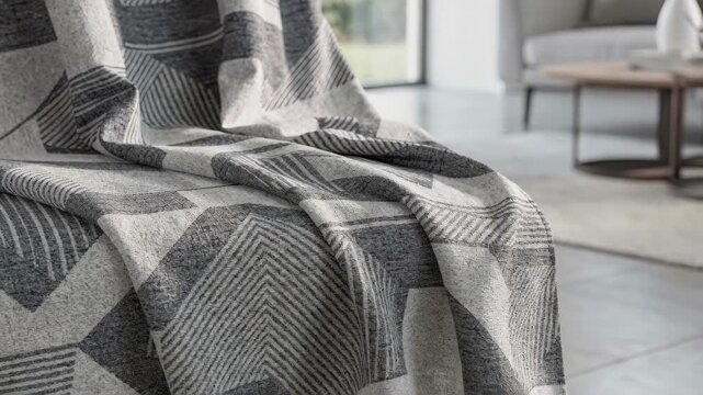 Sophisticated geometicpatterned jacquard fabric with sharp lines and shapes perfect for modern drapery adding depth and style to contemporary living spaces.
