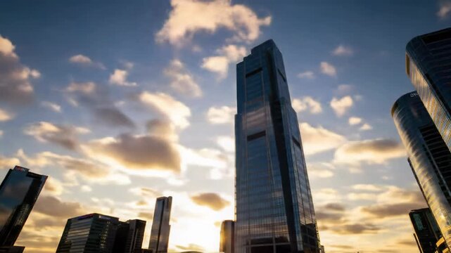 A majestic, ultra-wide establishing video of a sleek glass and steel corporate skyscraper against a bustling modern urban skyline, featuring time-lapse clouds and a vibrant golden hour sunset.