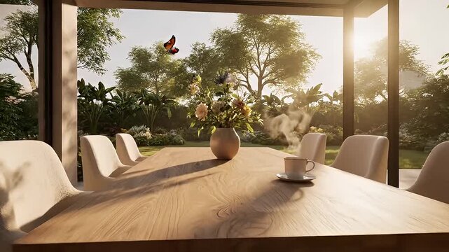 A serene dining room with a large table and chairs in a modern house with a beautiful garden and sunset view in a video