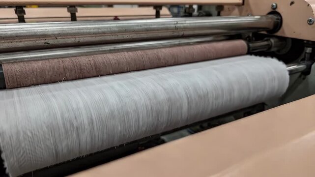Closeup medium frame showing twill fabric undergoing peach finish sueding with abrasive rollers raising the surface nap for a tactile feel.