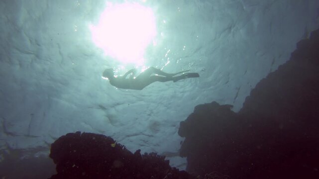 still underwater bottom to top view to from shadow of coral reef rock up to the silhouette of two female women free divers snorkeling swimming at the water surface during day time sunshine bright calm
