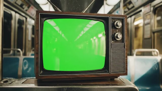 Green Screen old television set with in subway car 4k resolution scene 4 distortion, overlay, glitch, static noise, scan lines on black background, animated video loop