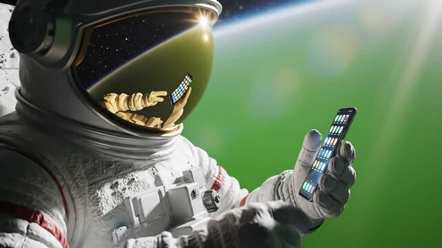 Green Screen view through the helmet astronaut using his mobile phone during spacewalk chroma key earth in background scene 4 with distortion, overlay, glitch, static noise, scan lines on black