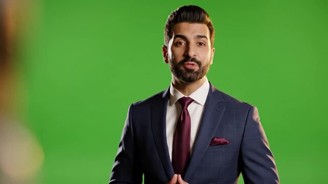 Green Screen handsome businessman looking in camera and talking on a chroma key scene 3 with distortion, overlay, glitch, static noise, scan lines black background, 4k animated video loop