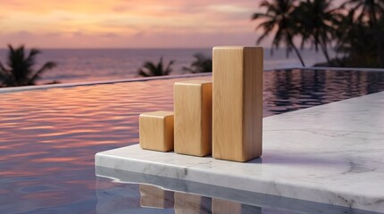Wooden blocks graph on infinity pool edge at sunset
