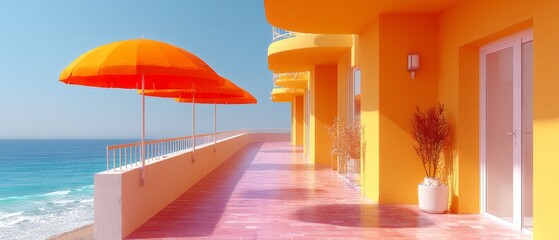 Obraz premium Sunny Orange Beachfront Balcony With Bright Umbrellas Overlooking Ocean And Golden Terrace, Colorful Resort