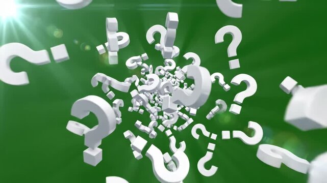 Green Screen animation of a lot white question mark moving on chroma key background scene 2 with distortion, overlay, glitch, static noise, scan lines black background, 4k animated video loop