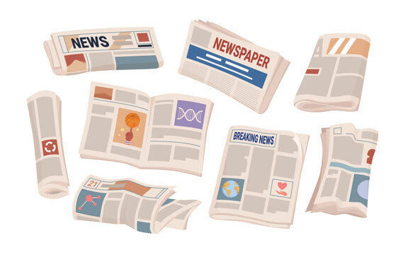 Set of different newspapers, folded and open, featuring headlines, articles, and graphics, ideal for news, journalism, and media concepts, isolated on white background vector illustration