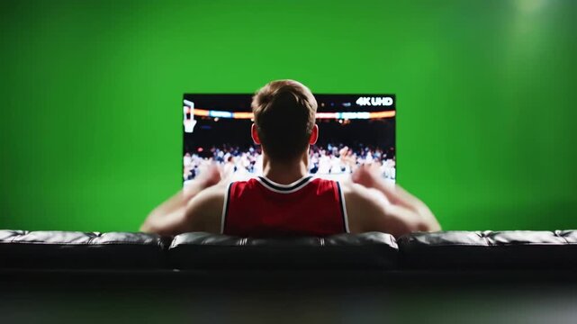 Green Screen back view of caucasian male sitting on sofa watching sport basketball game a tv 4k uhd scene 2 with distortion, overlay, glitch, static noise, scan lines black background, animated video