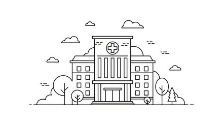 Obraz premium Modern Hospital Building Exterior Line Art Illustration with Trees and Clouds