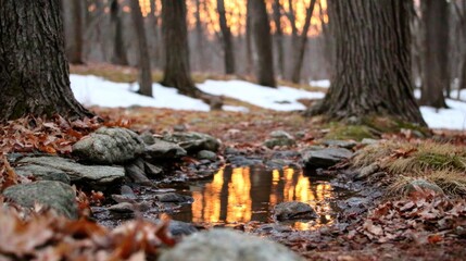 Obraz premium Tranquil Forest Stream Reflection - Golden Hour