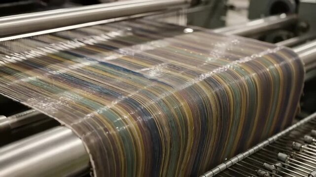Medium shot of yarndyed cotton fabric undergoing highsheen mercerizing highlighting enhanced luster and vibrant color absorption during caustic treatment.