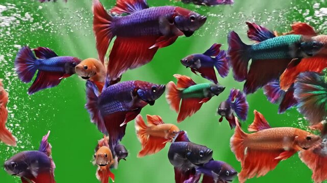 Green Screen fish animation swim video 3d underwater single and group isolated school of scene 3 with distortion, overlay, glitch, static noise, scan lines on black background, 4k animated loop