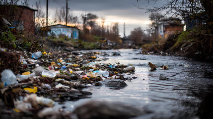 A river filled with garbage and debris, urban pollution, neglected environment, Generative AI illustrations.