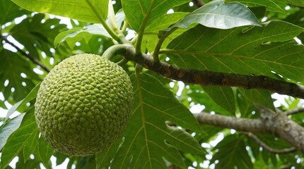 Green breadfruit hanging on tree. Artocarpus altilis fruit in tropical garden.
