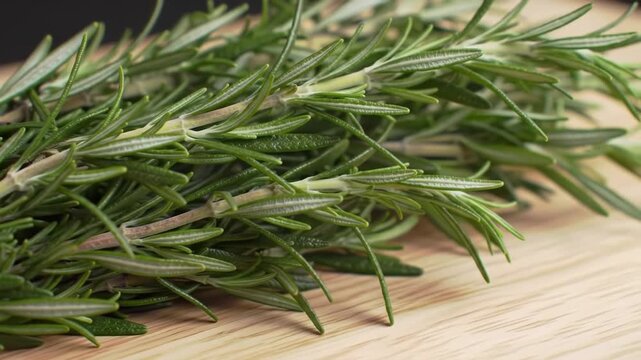 Fresh Rosemary Herb Bundle on Wooden Surface