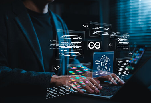 DevOps and AI software development concept. Programmer coding with AI integration, continuous deployment, automation workflows, machine learning support and modern agile software engineering processes
