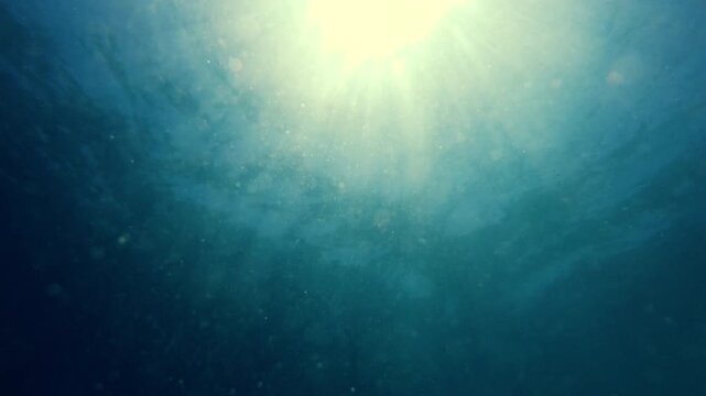 Underwater scene with sunlight shining through the water's surface creating a bright circle of light in shades of blue and green.