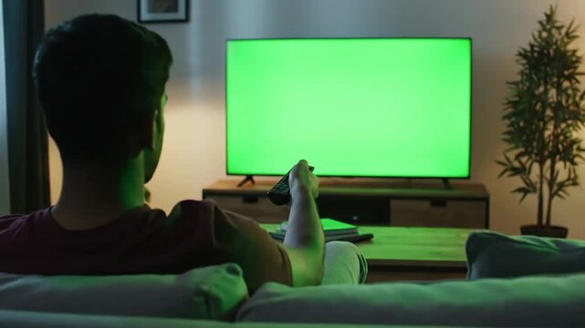 Green Screen man watching television in living room evening young guy sitting on sofa against tv with chroma back view male person switching channels using remote controller scene 4 distortion