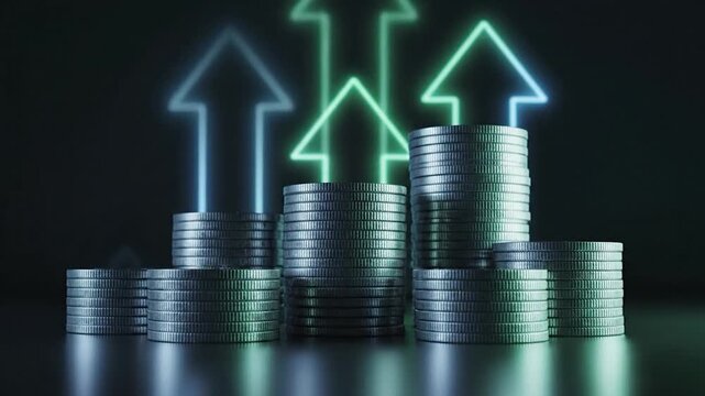 Financial Growth Concept - Stacks of Coins with Glowing Upward Arrows.