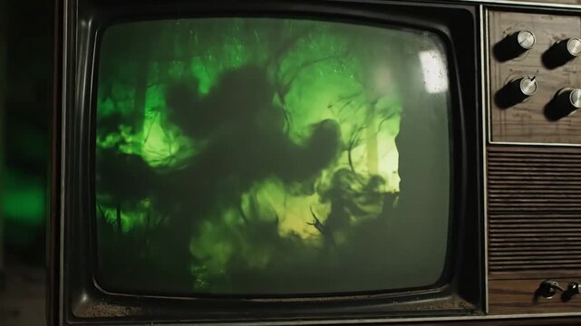 Green Screen turn on the retro tv with noise at beginning and switch to a night horror climate scene 4 distortion, overlay, glitch, static noise, scan lines black background, 4k animated video loop