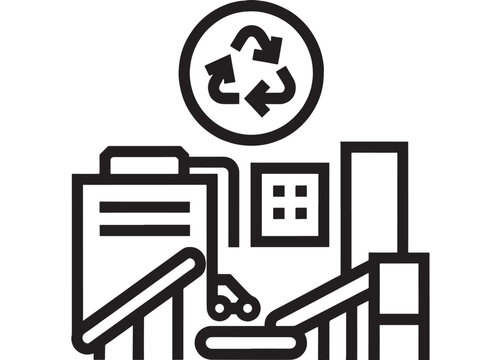 Recycling factory icon with industrial plant, conveyor belt and sorting equipment, circular recycle symbol above, bold black outline pictogram isolated on white