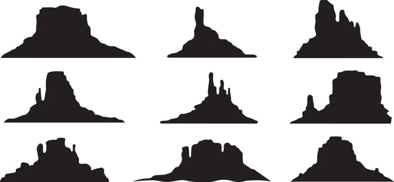 mesa and butte silhouette icons 3 by 3 grid vector collection