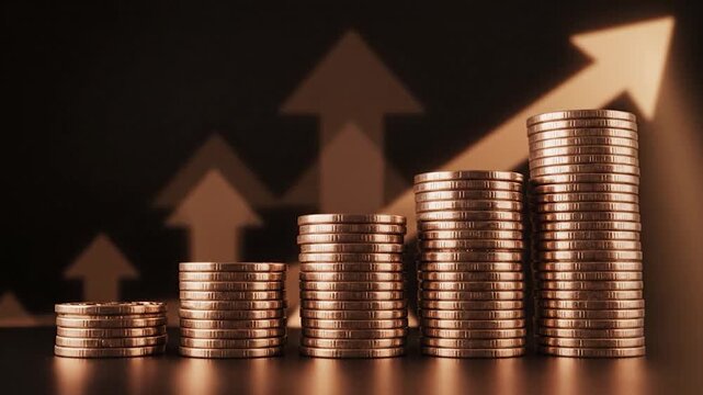Financial Growth - Stacks of Coins and Upward Arrows Symbolize Success.