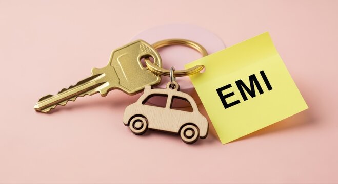 Handcrafted car-shaped keychain with a brass key and yellow sticky note displaying "EMI" symbolizes car loan payments or down payments