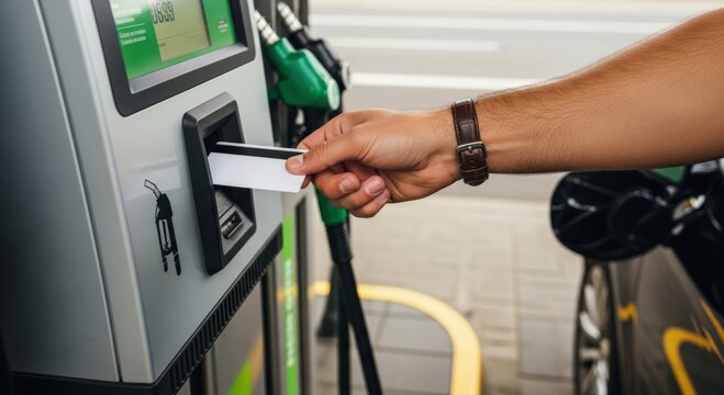 Man precisely inserts credit card into European gas pump payment terminal for self-service fuel, showcasing modern transaction at filling station