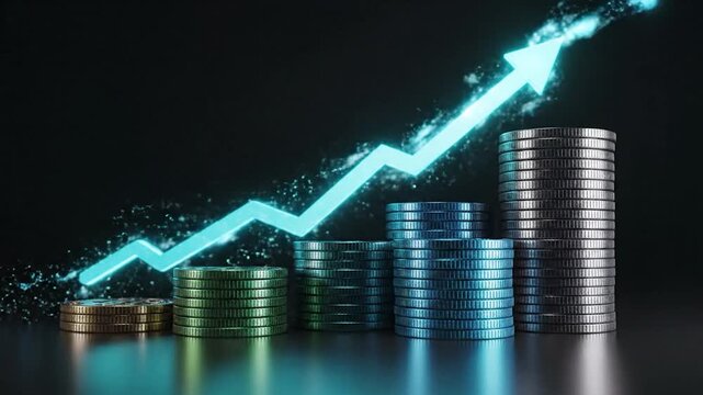 Financial Growth - Stacks of Coins with Upward Arrow, Investment Success.
