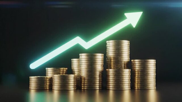 Financial Growth - Stacks of Coins with Upward Arrow, Investment Success.