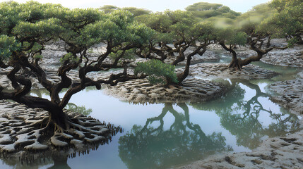 Intricate root systems of a mangrove forest at low tide showing unique coastal ecosystem, Generative AI illustrations.