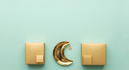 Soft mint background with gold jewelry boxes and moon shaped ramadan kareem islamic eid mubarak background download 2026 2027