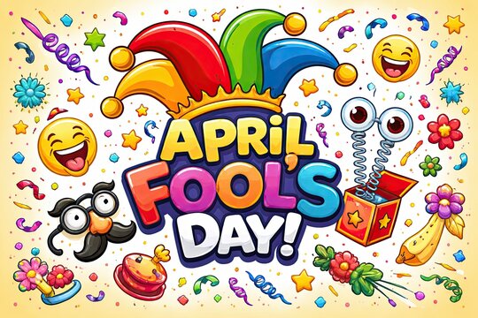 April Fool's Day greeting with jester hat, emojis, prank items, and confetti in fun cartoon style illustration