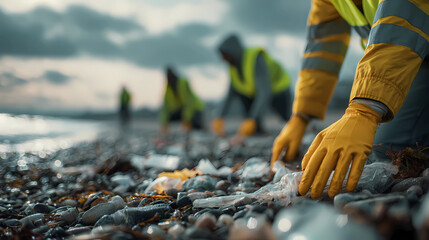Group of volunteers cleaning polluted beach from plastic waste with teamwork  for sustainability, Generative AI illustrations.