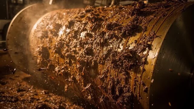 Closeup medium shot of heavy casing flavoring sprayed thickly onto spinning tobacco drums emphasizing robust coating and rich aroma infusion.