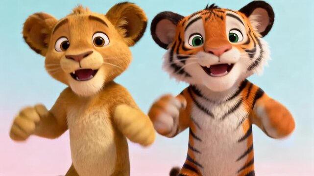 Cute 3D cartoon lion and tiger cubs doing synchronized shimmy dance