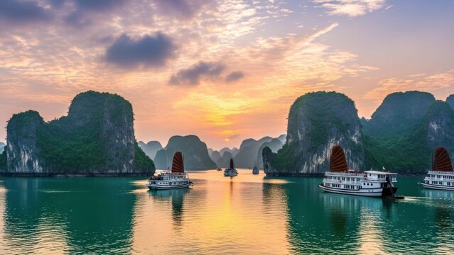 Boats sail across emerald water near limestone mountains at sunset