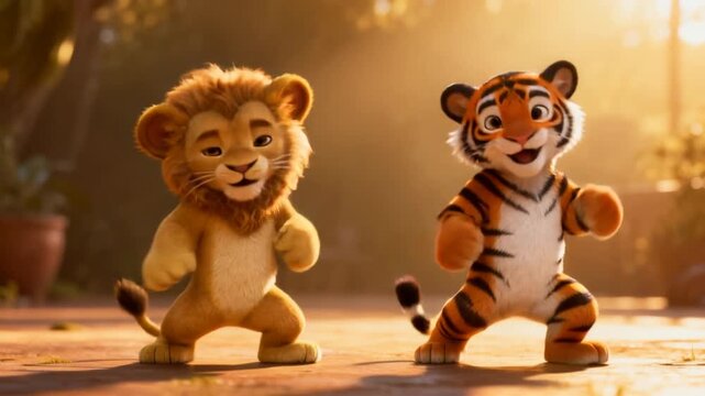 Cute 3D cartoon lion and tiger cubs doing synchronized shimmy dance