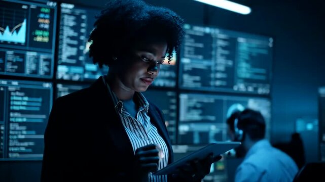 Female Financial Analyst Working in a HighTech Control Room with Multiple Screens Displaying Stock Market Data.