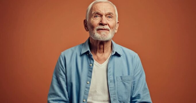 Elderly Man Showing Admiration and Respect on Warm Orange Background
