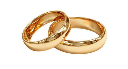 Two shiny gold wedding bands, interlocked, isolated on a black background